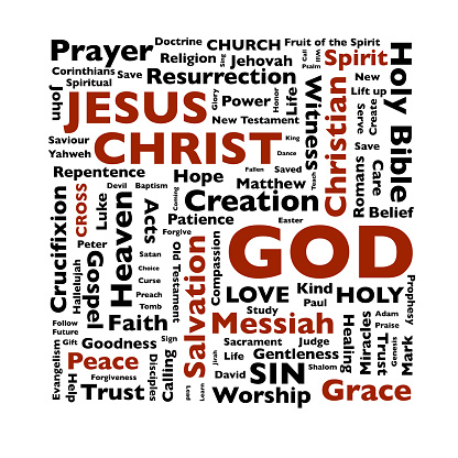 Christian Word Collage in cloud of faith in Jesus Christ and eternal salvation concepts.