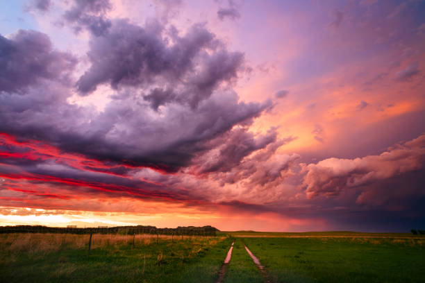 Colorful sunset sky over a dirt road and field Colorful sunset sky over a dirt road and field behind a passing summer storm near Camp Crook, South Dakota. south dakota photos stock pictures, royalty-free photos & images
