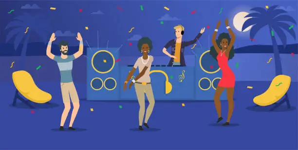 Vector illustration of Tropical beach party with dancing people