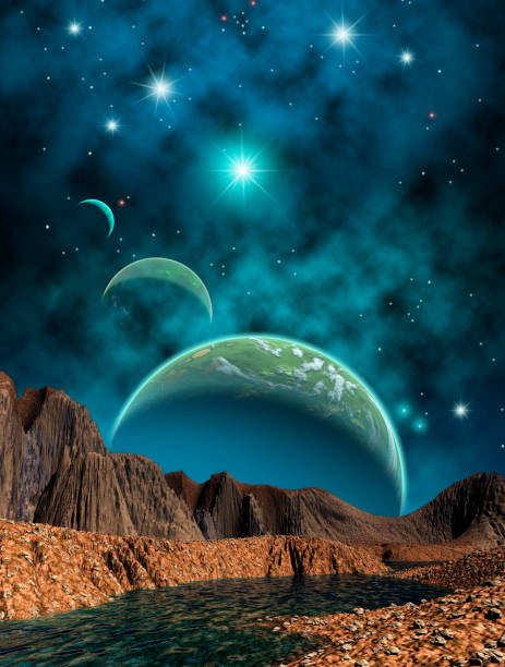 istock Alien planetary system, mountains and sea, 3d illustration, Blue Sky with stars 1282705128