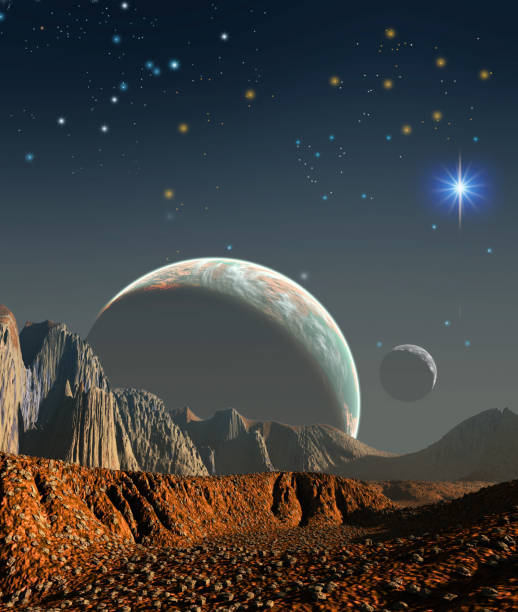 istock Alien planetary system, mountains and rocks, 3d illustration, Blue Sky with stars 1282705132