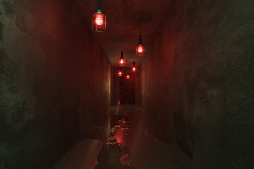 3d rendering of creepy grunge corridor with hanging light bulbs