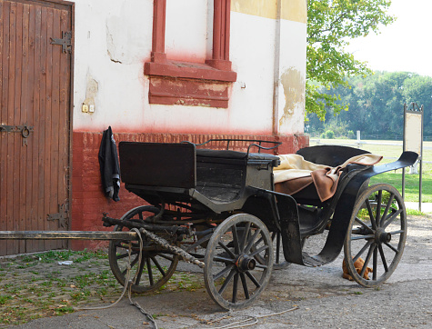 Old carriage parked in front of the old house