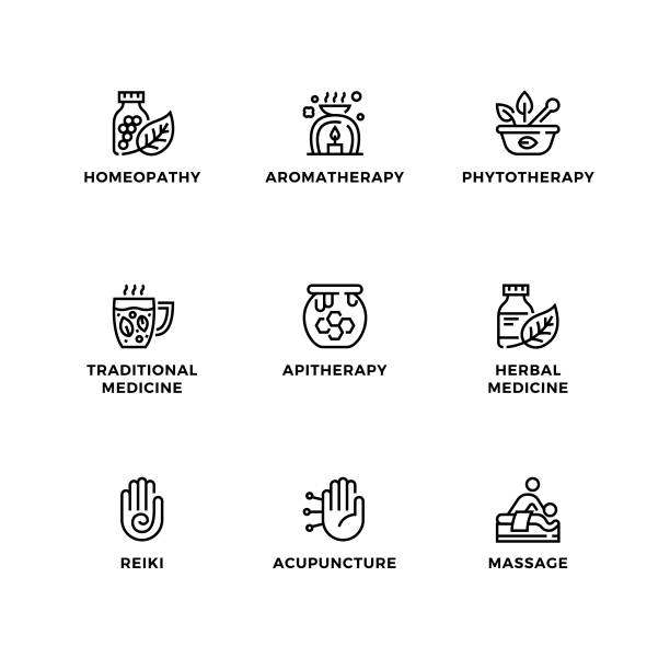 ilustrações, clipart, desenhos animados e ícones de conjunto vetorial de elementos de design, modelo de design de logotipo, ícones e crachás para medicina alternativa. - homeopatic medicine