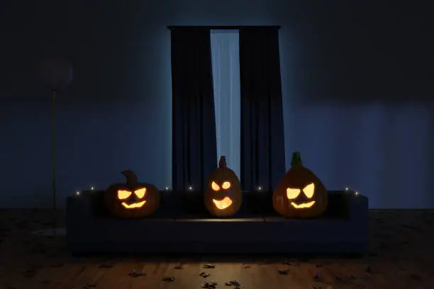 3d rendering of creepy jack-o-lanterns sitting on the sofa in the darken living room