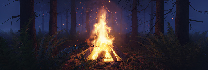 3d rendering of big bonfire with sparks in the forest at foggy night