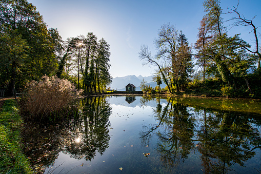 Reflections at the beautiful lake Thueringer Weiher in Vorarlberg, the most western part of Austria