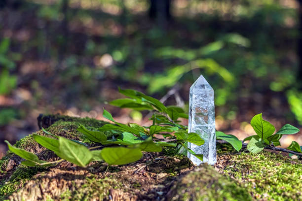 istock Magic still life with quartz crystal on nature background. Rocks for mystic ritual, witchcraft Wiccan or spiritual healing on stump in forest. Ritual for love. Meditation reiki. 1282711683