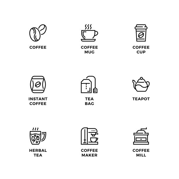 Vector set of design elements, logo design template, icons and badges for coffee and tea. Vector set of design elements, logo design template, icons and badges for coffee and tea. Line icon set, editable stroke. milk tea logo stock illustrations