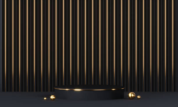 istock Round podium with geometric shapes and gold elements. Abstract blank pedestal, display platform. 3D Rendering 1282712580
