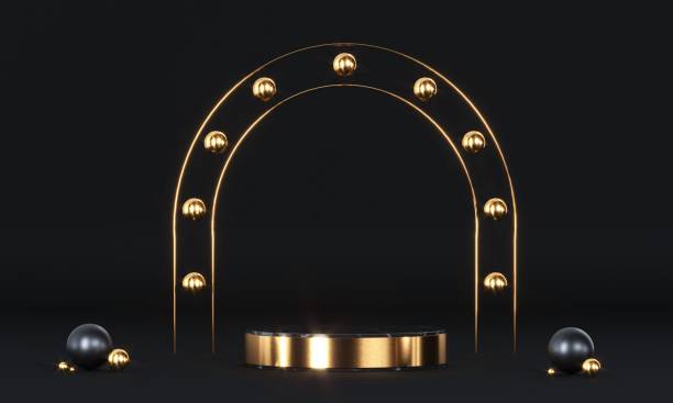 istock Round podium with geometric shapes and gold elements. Abstract blank pedestal, display platform. 3D Rendering 1282712582