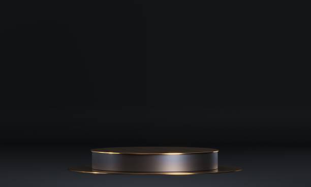 istock Round podium with geometric shapes and gold elements. Abstract blank pedestal, display platform. 3D Rendering 1282712586