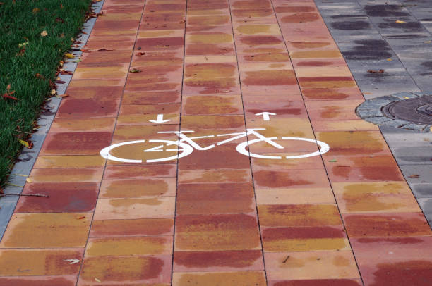 istock Cycle path after autumn rain on city street 1282712963