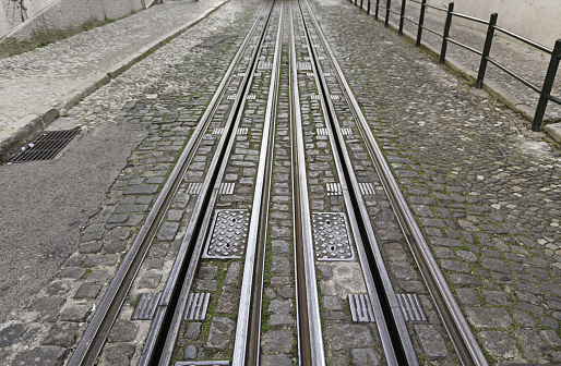 Tram tracks in the city, a detail metal rails for the tram, urban transport