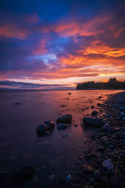 Sunset at Jordon river a popular camping area along the Strait of Juan De Fuca on the west coast of Vancouver Island.