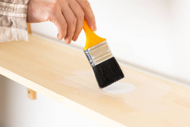 istock Painter varnishes the bookshelf 1282720586