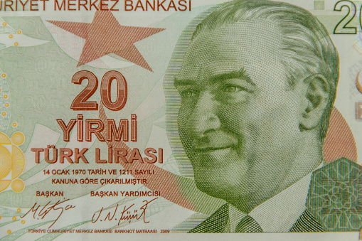 Macro shot of the twenty turkish lira banknote