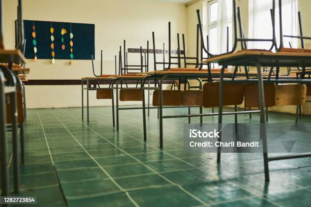 Empty Classroom During Covid19 Pandemic Stock Photo - Download Image Now - School Building, Education, Empty