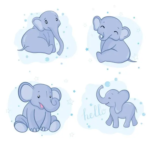 Vector illustration of Set of cute cartoon baby elephants. Vector watercolor illustration.