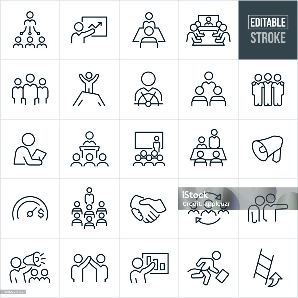 Management Thin Line Icons - Editable Stroke A set of management icons that include editable strokes or outlines using the EPS vector file. The icons include business managers, manager and employees, business manager giving presentation, manager interviewing employee, employees, workforce, employees in a boardroom on a video conference, business managers standing facing camera, business person on top of a mountain, manager at the helm of a ship, manager giving a business presentation, business conference, bullhorn, manager doing a write-up, financial goal, handshake, business management, manager firing co-worker, manager shouting to employees through bullhorn, business person crossing finish line, ladder of success and additional related icons. Icon stock vector