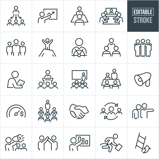 Management Thin Line Icons - Editable Stroke A set of management icons that include editable strokes or outlines using the EPS vector file. The icons include business managers, manager and employees, business manager giving presentation, manager interviewing employee, employees, workforce, employees in a boardroom on a video conference, business managers standing facing camera, business person on top of a mountain, manager at the helm of a ship, manager giving a business presentation, business conference, bullhorn, manager doing a write-up, financial goal, handshake, business management, manager firing co-worker, manager shouting to employees through bullhorn, business person crossing finish line, ladder of success and additional related icons. office stock illustrations