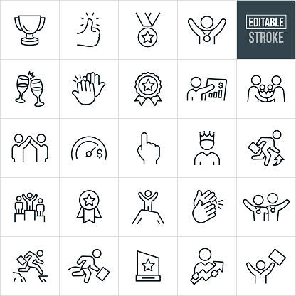 A set of business achievement icons that include editable strokes or outlines using the EPS vector file. The icons include a trophy, thumbs up, medal, person with medal around neck, toast, high five, ribbon award, business success, handshake, business people with arms raised in success, goal meter, number one hand gesture, business person with crown, business person moving up, business person atop a winners podium, business person with arms raised on top of a mountain, hands clapping, business person jumping cliff gap, business person crossing finish line, business award and a business person holding an upwards arrow to name a few.