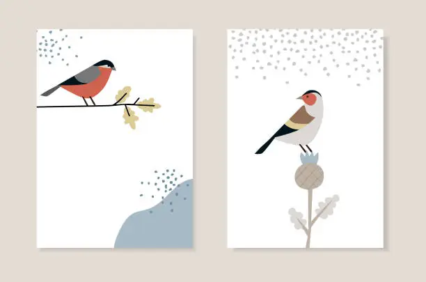 Vector illustration of Set of Christmas Scandinavian greeting cards, invitations. Bullfinch bird siting on oak branch. European goldfinch with thistle and falling snow. Nordic retro design, Vector illustration background.