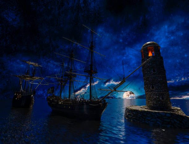 istock Pirate sailship near the old lighthouse with fire at moonlight 1282731427