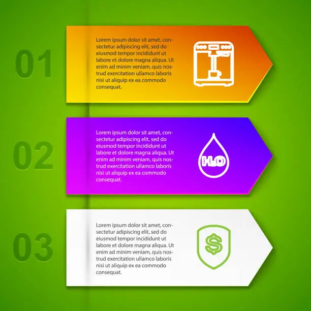 Vector illustration of Set line Coffee machine and cup, Water drop with H2O, Shield dollar and Profile settings. Business infographic template. Vector