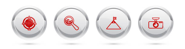 istock Set line Outsourcing concept, Magnifying glass and analysis, Mountains flag and Car DVR. Silver circle button. Vector 1282732794
