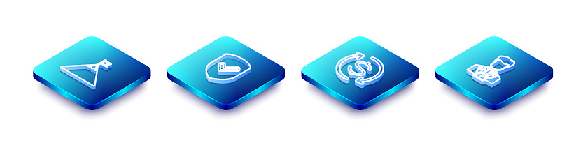 Set Isometric line Mountains and flag, Shield with check mark, Return of investment and Scientist test tube icon. Vector.