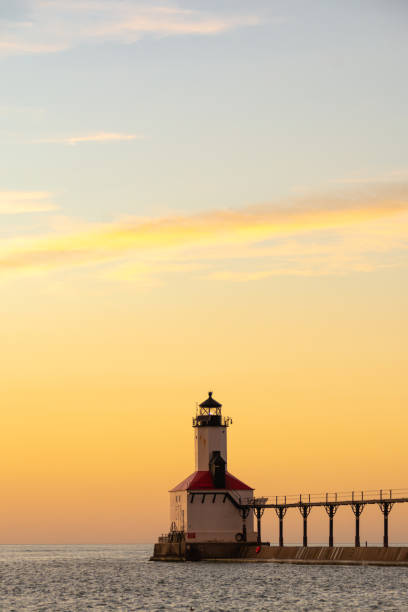 The Michigan City Lighthouse at sunset.  Michigan City, Indiana, USA