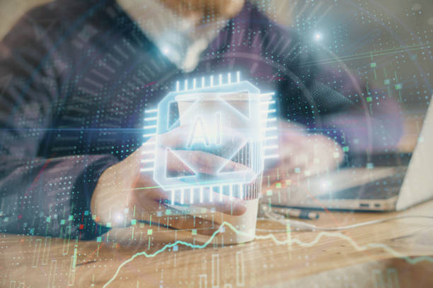istock Double exposure of data internet theme hologram with man working on computer on background. Concept of innovation. 1282734140