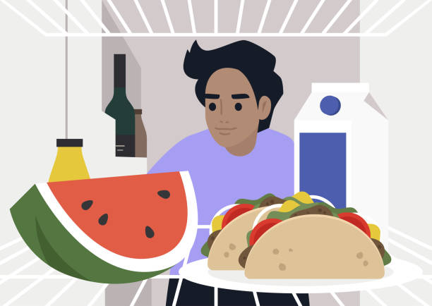 illustrazioni stock, clip art, cartoni animati e icone di tendenza di un giovane personaggio maschile affamato guardando in frigo, il pranzo a casa, uno stile di vita lockdown - frigorifero