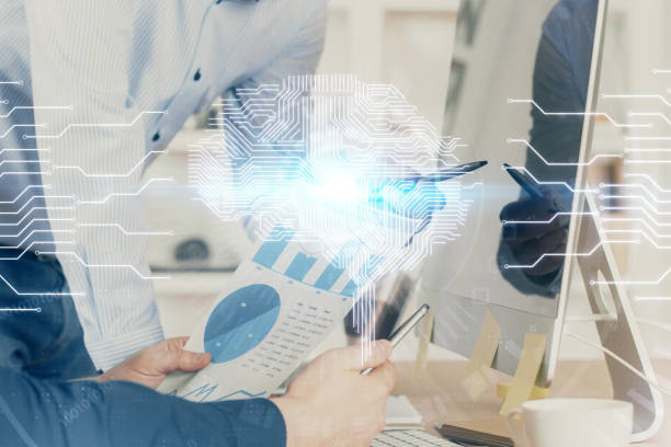 istock Man with computer background with brain theme hologram. Concept of brainstorm. Double exposure. 1282735332