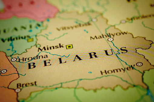 Close-up on Belarus on a modern map. Vignette effect and visible offset dots typical for modern printing.