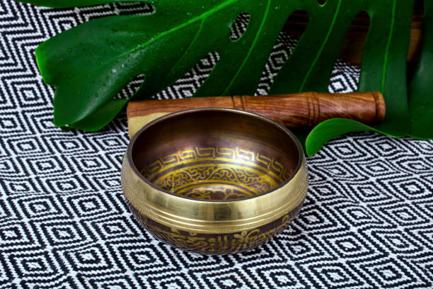 istock Tibetan singing bowl with monstera leaf 1282739201