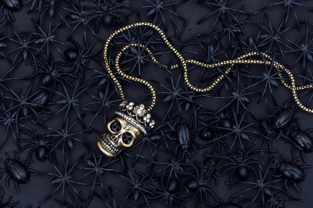 Spider and beetle with skull decoration. Black Halloween background
