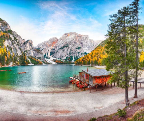 istock famous alpine lake Braies at autumn 1282740475