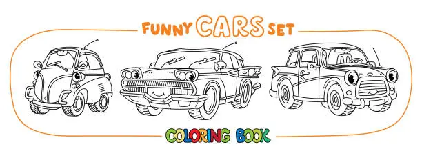 Vector illustration of Funny small retro cars with eyes coloring book set