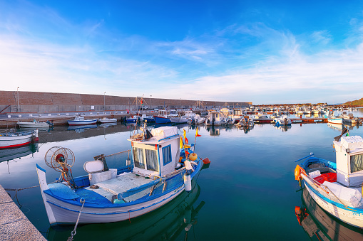 Fishing boats at Castelsardo  port . Mediterranean seascape.   Location: Castelsardo, Province of Sassari, Sardinia, Italy, Europe