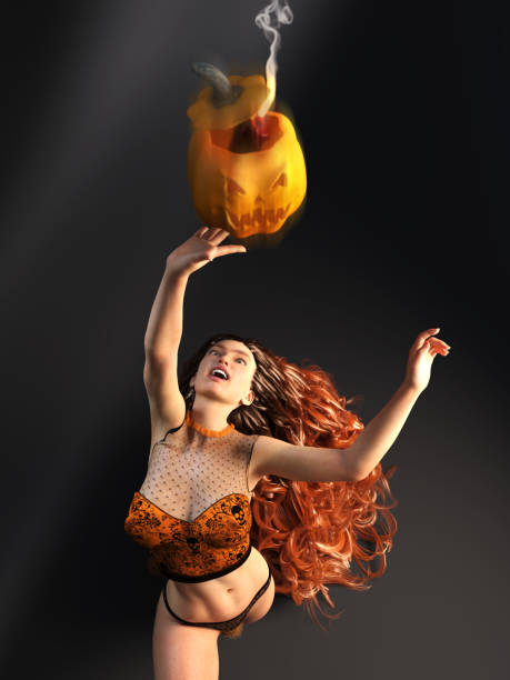 3D Photo of a Young Woman Throwing a Halloween Pumpkin stock photo