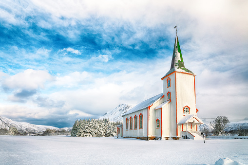 Splendid snowy winter scene of  Valberg church on Lofoten Islands.  Location:  Valberg, Vestvagoy,  Lofotens, Norway, Europe.