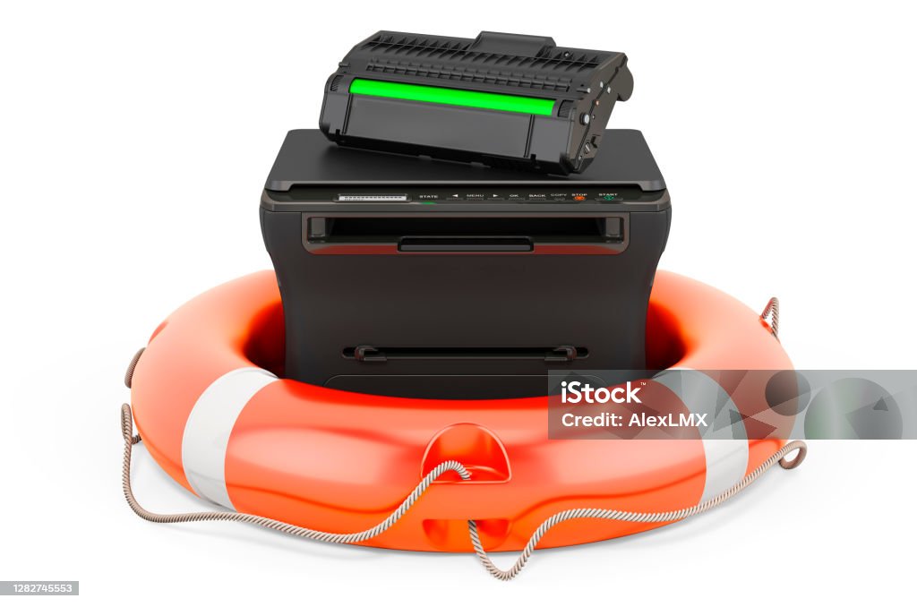 Service and repair of multifunction printer MFP, 3D rendering isolated on white background Service Stock Photo