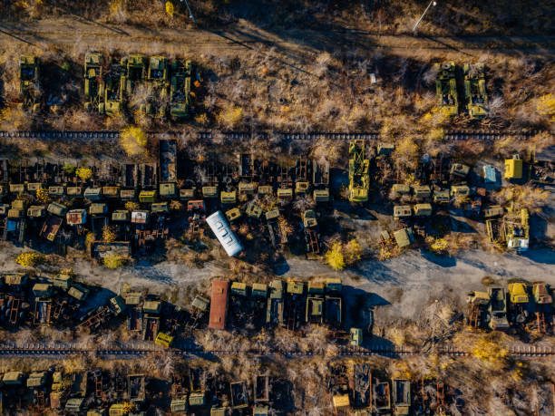 old rusty broken russian military cars for scrap metal, aerial view - truck military armed forces pick up truck imagens e fotografias de stock