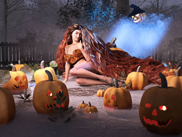 3D Photo of a Long-Haired Woman in a Pumpkin Patch stock photo
