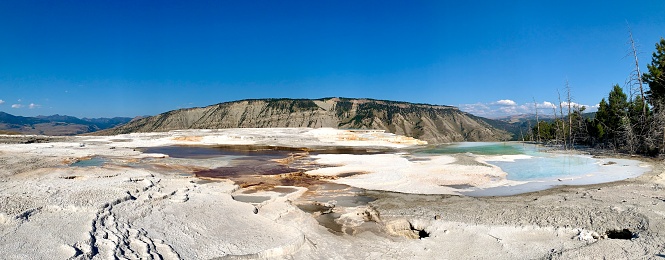 Travertine Terraces at Mammoth Hot Springs in Yellowstone National Park, Wyoming.