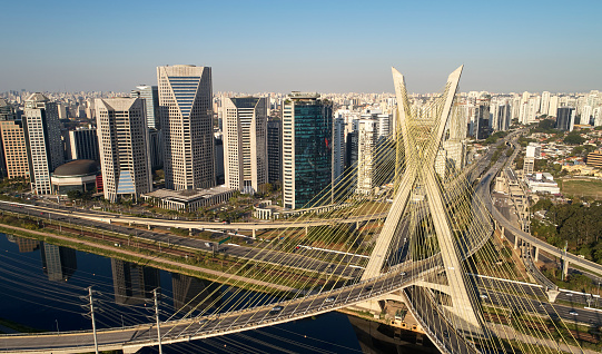 Cable-stayed bridge or Estaiada bridge (Ponte Estaiada), over the Pinheiros river and Marginal Pinheiros, at Sao Paulo city. Brazil.