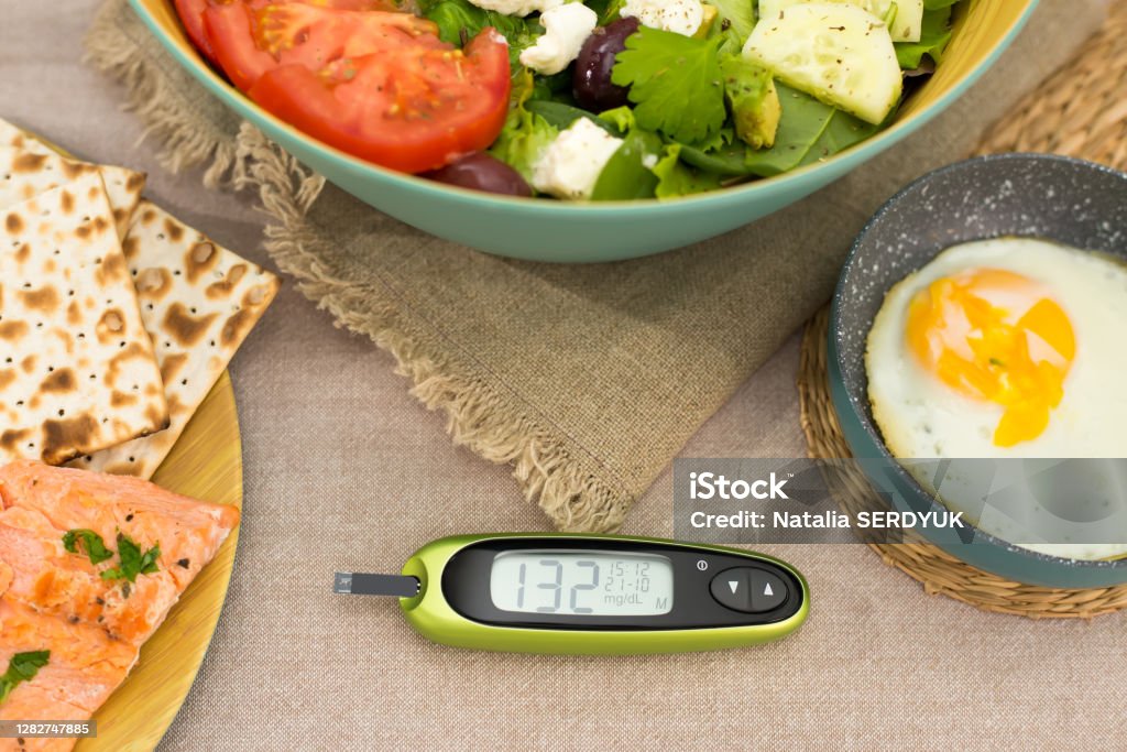Glucosimeter with elevated blood sugar against a background of healthy food. Healthy eating concept for diabetes Blood Sugar Test Stock Photo Glucosimeter with elevated blood sugar against a background of healthy food. Healthy eating concept for diabetes Blood Sugar Test Stock Photo