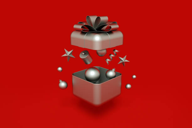 istock 3d rendering, Christmas festive round falling gift box, Holiday decorations isolated on red background. Objects levitate 1282754267